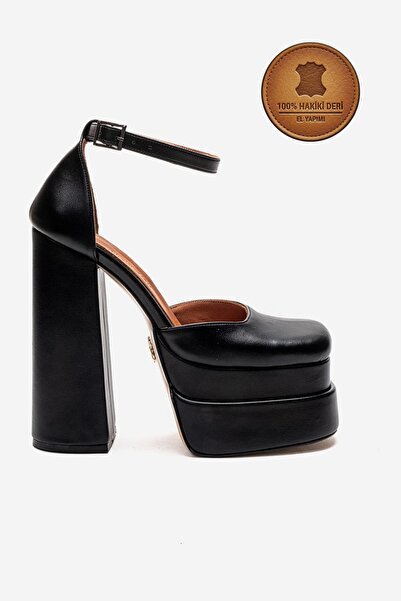 Ayakkabı Ateşi Γνήσιο δέρμα Γυναικεία Μαύρα Δερμάτινα Παπούτσια με Διπλή Πλατ...