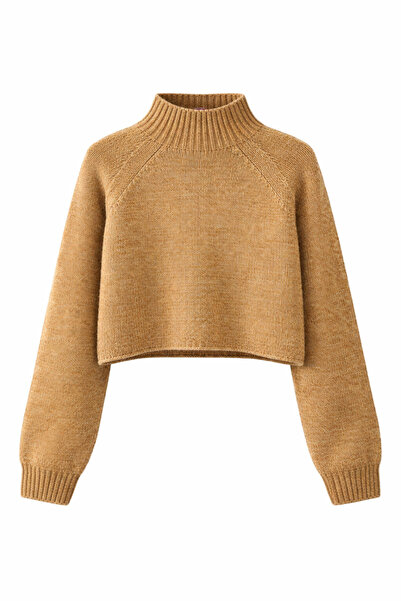 Mixray 6854 Women's High Neck Whole Crop Knit Sweater Camel