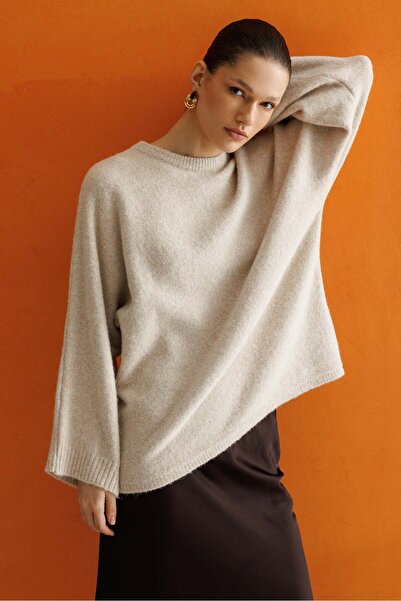 Mixray 7020 Women's Bat Sleeve Crew Neck Knitwear Sweater Stone