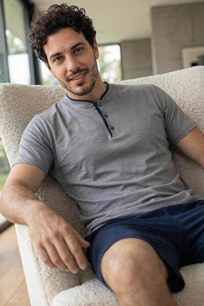 Pijamaevi Urban Gray Elegant Men's Pajama Set with Pat Detail on Shorts