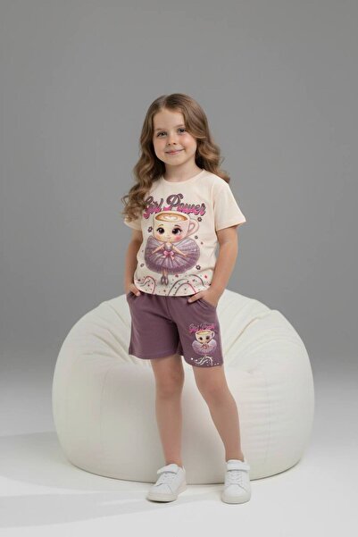 Yağmur Giyim PJKSKT Κοριτσίστικο κοντομάνικο σετ με σορτς με σχέδιο Ballerina...