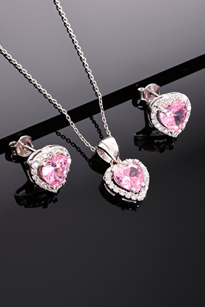 byess 925 Ayar Gümüş Pembe Taşlı Kalp Kolye Küpe Set