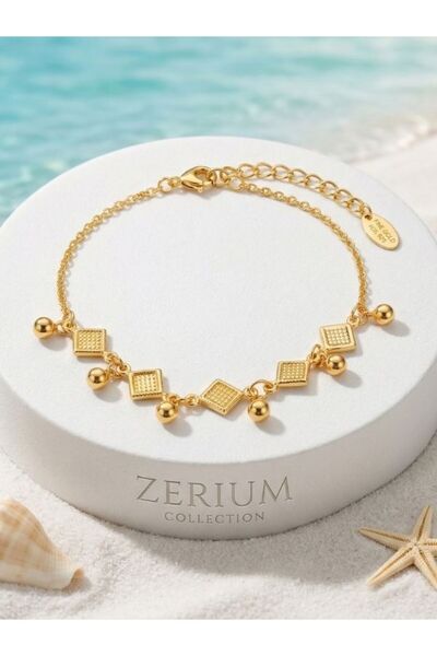 ZERİUM Gold Renk Sallantılı Halhal | Kare Plaka ve Top Detaylı