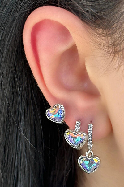 Kokoş Silver Color Heart Figured Stone Detailed 3-Piece Ysx Earring Set