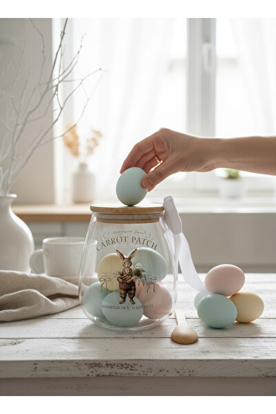 Rolin Design Bunnie Tavşan Temalı Kaşıklı Bambu Kapaklı Kavanoz 1000ml-E