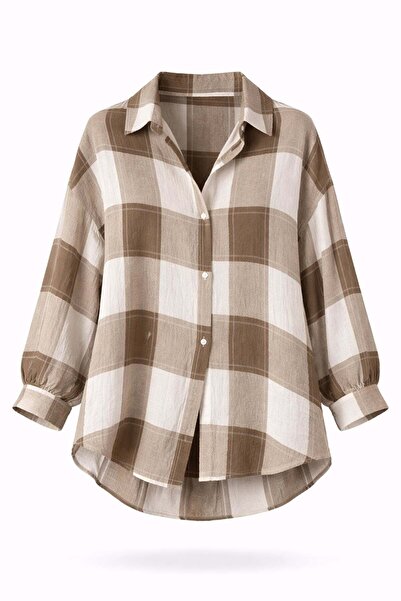 5in1Canpolat Καφέ καρό φαρδύ πουκάμισο