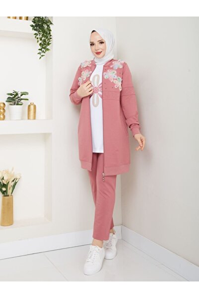 moda4b Women's 3-Piece Tracksuit Set with Embroidery, Two-Thread Cotton, Zipp...