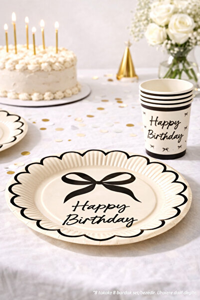 Partifabrik Cream Black Bow Cardboard Plate and Cup Set of 8