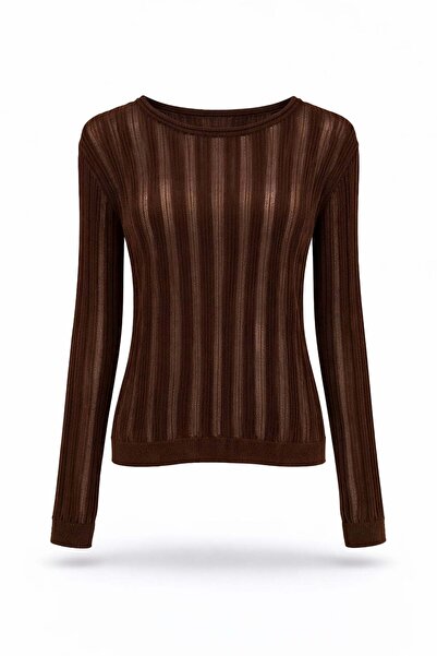 5in1Canpolat Brown Crew Neck Transparent Knitwear 251327
