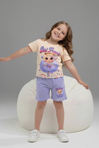 Yağmur Giyim PJKSKT Κοριτσίστικο κοντομάνικο σετ με σορτς με σχέδιο Ballerina...