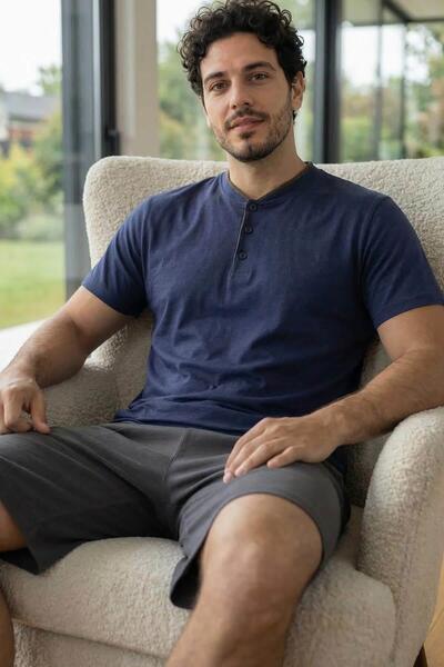 Pijamaevi Signature Navy Elegant Men's Pajama Set with Patch Detail on Shorts