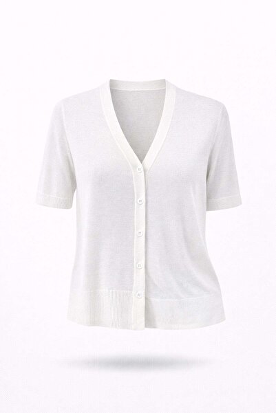 5in1Canpolat Ecru Short Sleeve Thin Knitwear Cardigan 251329