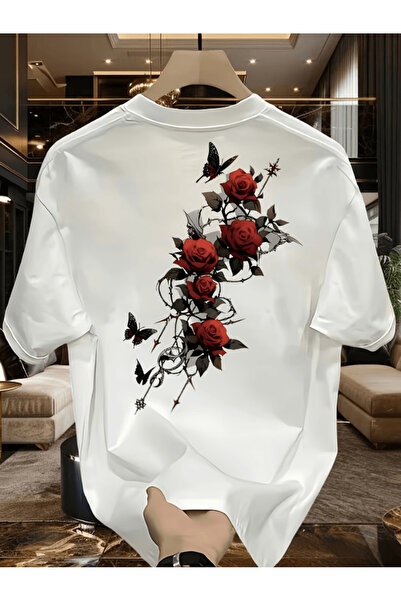 gencerco Back red rose design printed premium oversize t-shirt
