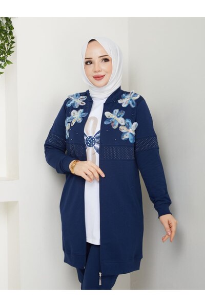 moda4b طقم بدلة رياضية نسائية من 3 قطع مطرزة من القطن بخيطين مع سترة بسحاب n-...