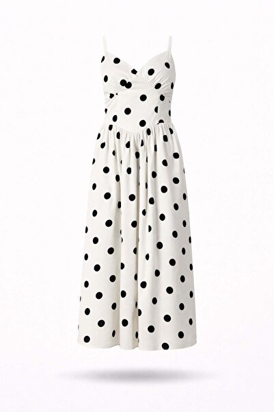 5in1Canpolat Εκρού φόρεμα μίντι με λαιμόκοψη V και πουά 12379