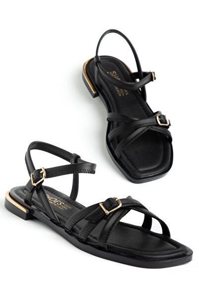 Entella Store Γυναικεία πέδιλα Lina με μαύρη αγκράφα και λεπτομέρεια σταυρωτώ...