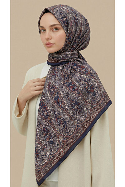 Karaca Vi̇rella 120*120 cm Patterned Cotton Scarf - Navy Blue / Red