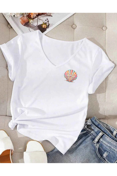 SUNFREE Pearl Sea Shell Printed V-Neck Regular Short Sleeve Women's Summer Co...