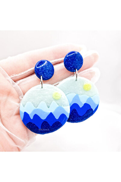 MYGRACE Cercei lucrați manual, albaștri - peisaj, rotunzi, din lut polimeric ...
