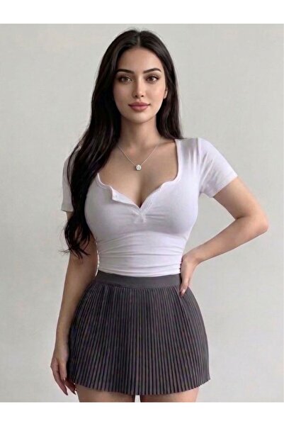 EXPECTED Kadın Beyaz Önü Çıtçıtlı Patlı Likralı Kısa Kol Body Crop Yazlık