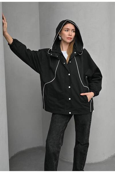 İLKCET MODA معطف واق من المطر نسائي كبير الحجم مع تفاصيل زخرفية