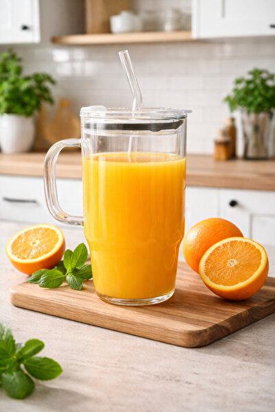 abenim 1200 ml Büyük Boy Cam Termos – Sızdırmaz Mika Kapaklı, Cam Pipetli Bardak