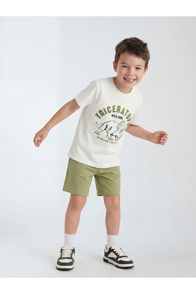 LC Waikiki Giyçık Store Den Ecru Printed Boy's T-Shirt and Shorts
