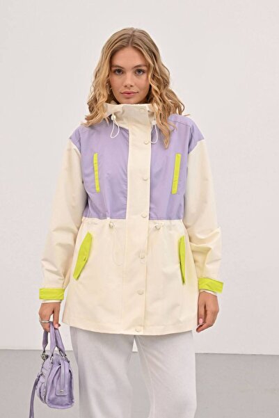 İLKCET MODA Mini Block Detailed Hooded Oversized Raincoat