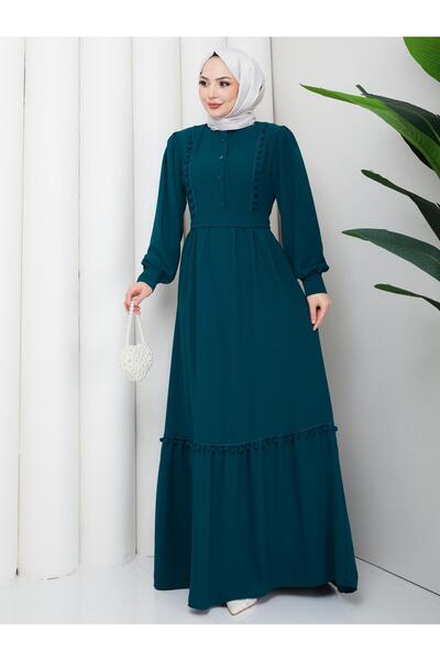 RETA MODA Women's Pompom Detailed High Collar Hijab Dress - Emerald