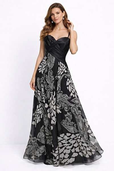 VALERIA Kadın Siyah Desenli Şifon Uzun Abiye Elbise – Askılı, Drapeli Göğüs D...