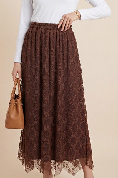 Modamorfo Асиметрична тюлена пола с подплата и ластична талия - кафява