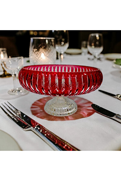 AYZ HOME Stria Handcrafted Cut Crystal Glass Pedestal Presentation Bowl - 28 cm