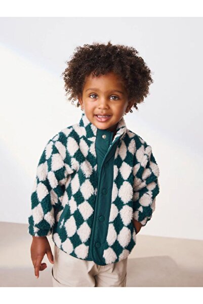 Next Baby هارليكوين أخضر/أبيض - معطف/سترة من الصوف المزخرف بسحاب أمامي