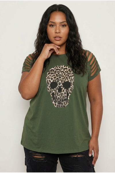 Stil Diva Tricou cu mânecă scurtă, cu decolteu tip crew, mărime mare, cu deta...