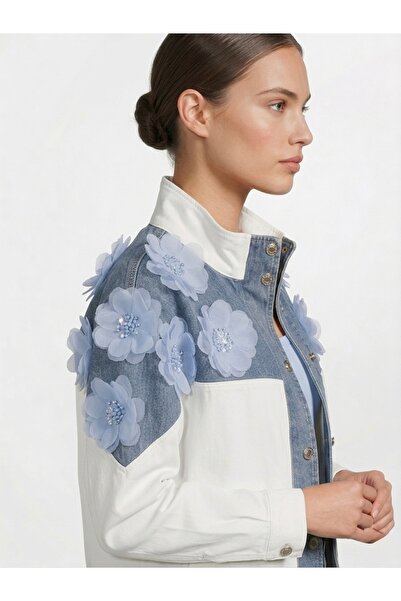 Rabiossa Women's Floral Appliqué Denim and Embellished Bomber Jacket