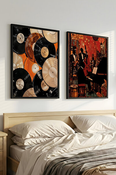 Ayabak Plak ve Jazz Desenli - Dekoratif Mutfak - Yatak Odası - Salon Çerçevel...