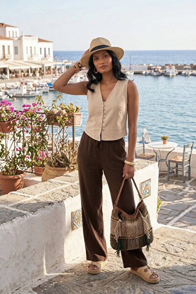 Lela Cotton Regular Fit V-Neck Button Detailed Summer Blouse Vest Vest 5866661