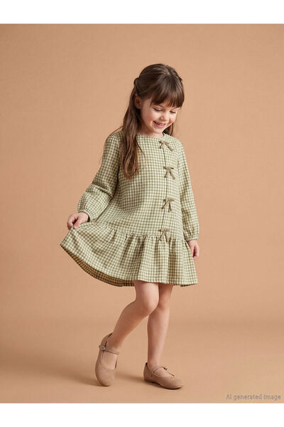 LC Waikiki Nevavm Checkered Girl's Dress with Bow Detail