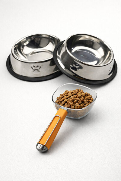 PawX Paslanmaz Çelik Kedi Köpek Mama Kabı Seti 2’li + 180 ml Mama Ölçeği – Ka...