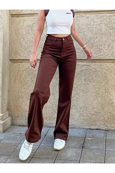 SANTA BELLA بنطلون جينز دودج براون عالي الخصر واسع الساق من الليكرا للنساء