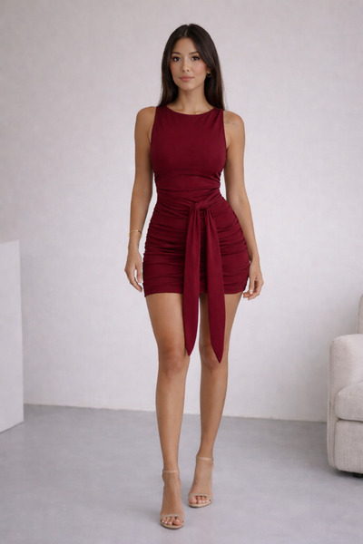 Cuyka Women's Sandy Fabric Sleeveless Shawl Detailed Draped Mini Dress