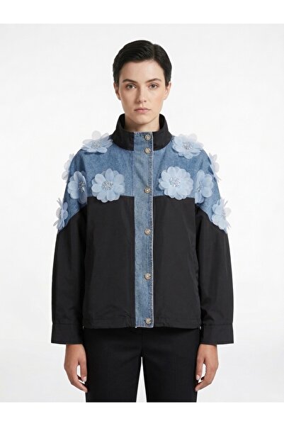 Rabiossa Women's Floral Appliqué Denim and Embellished Bomber Jacket