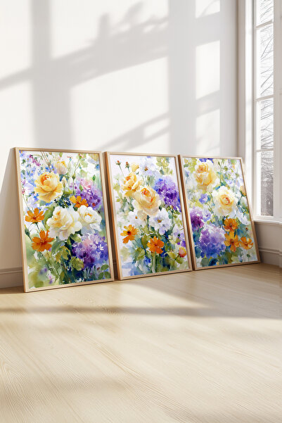 STARYUNA Wooden Framed Colorful Flower Themed Triple Painting Set Ucyuna617