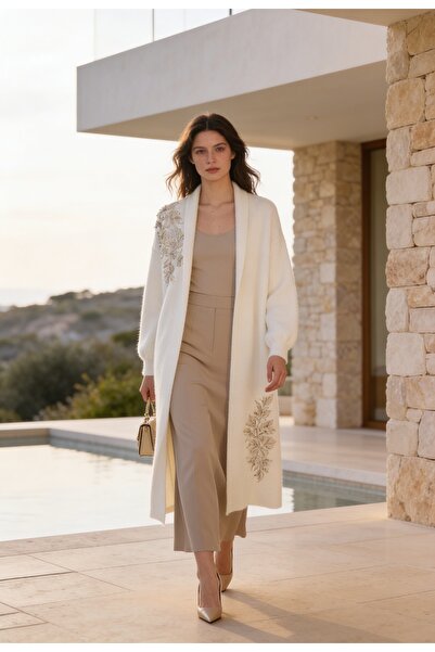 Ranasubaşı Embroidered Angora Textured Cardigan Vanilla