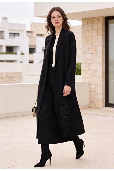 Ranasubaşı Embroidered Angora Textured Cardigan Black