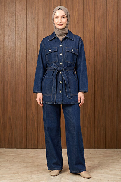FERHEL طقم جاكيت جينز نسائي بجيوب بأزرار وبنطلون جينز - أزرق داكن