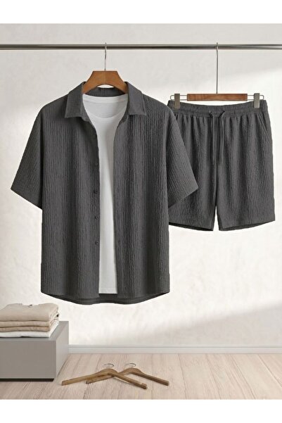 EXPECTED Men's Anthracite Wrinkled Short Sleeve Shirt Shorts Bottom Top Set S...