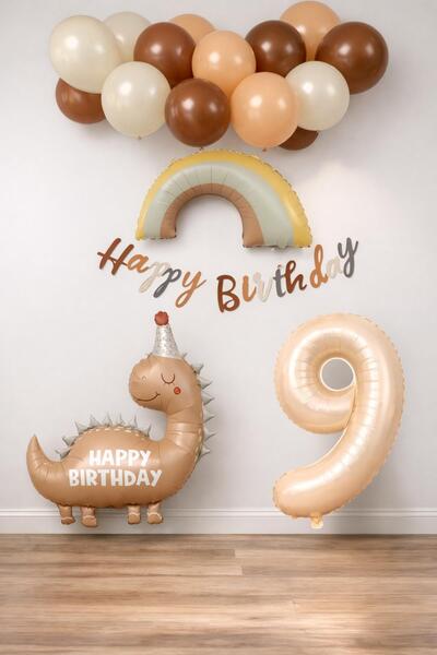 Patladı Gitti Retro 9 Year Old Dinosaur Concept Birthday Set