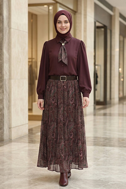 FERHEL Жіночий комплект з блузки з ґудзиками та шарфом, а також спідниці з ет...