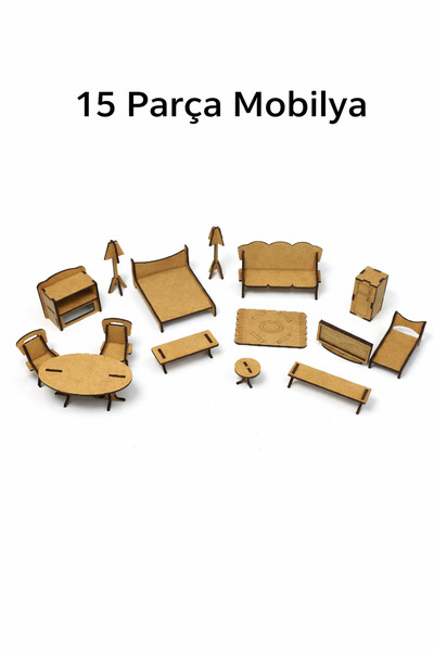 Porsuk Modern Ahşap Oyuncak Ev Mobilyası Oyuncak Ev Eşyası seti 15 Parça Mobi...